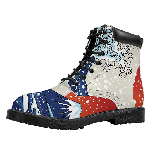 Ancient Great Japanese Wave Print Work Boots