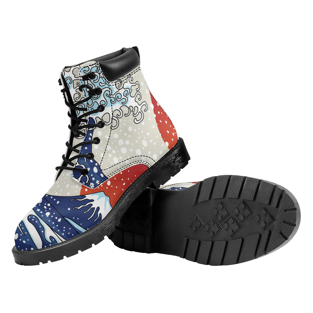 Ancient Great Japanese Wave Print Work Boots