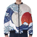 Ancient Great Japanese Wave Print Zip Sleeve Bomber Jacket