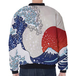 Ancient Great Japanese Wave Print Zip Sleeve Bomber Jacket