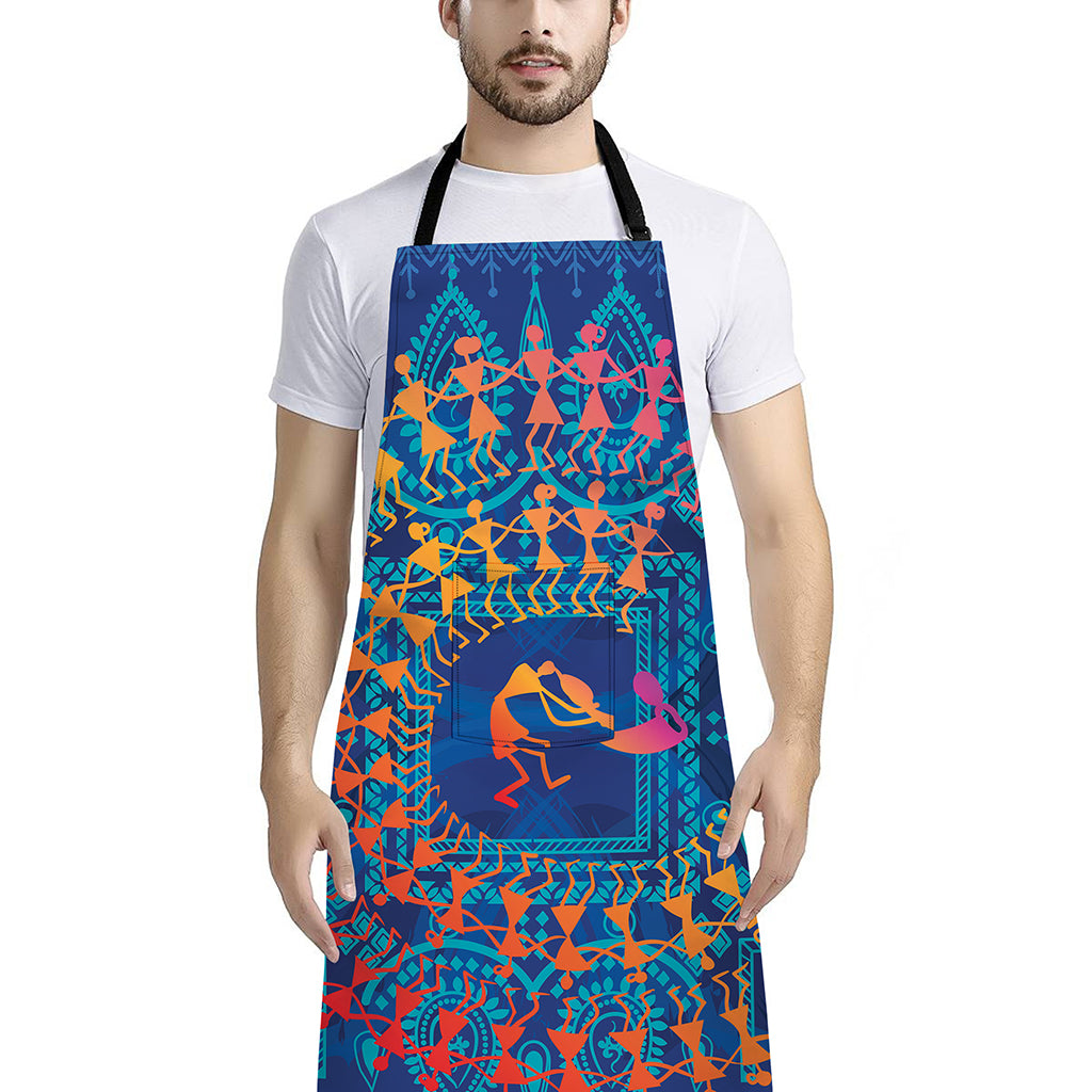 Ancient Indian Warli Tribal Print Bib Apron With Pocket