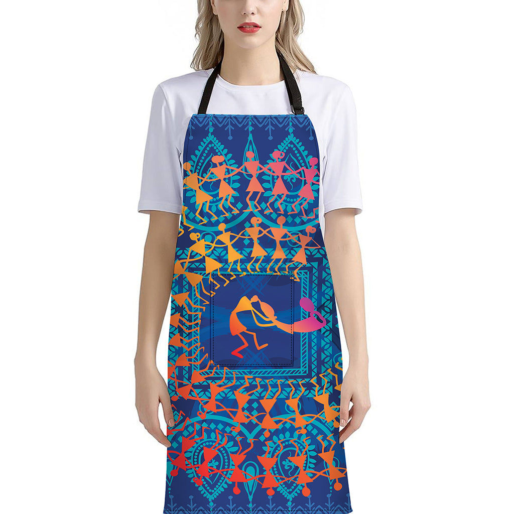 Ancient Indian Warli Tribal Print Bib Apron With Pocket