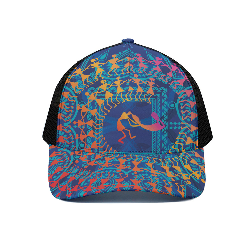 Ancient Indian Warli Tribal Print Black Mesh Trucker Cap