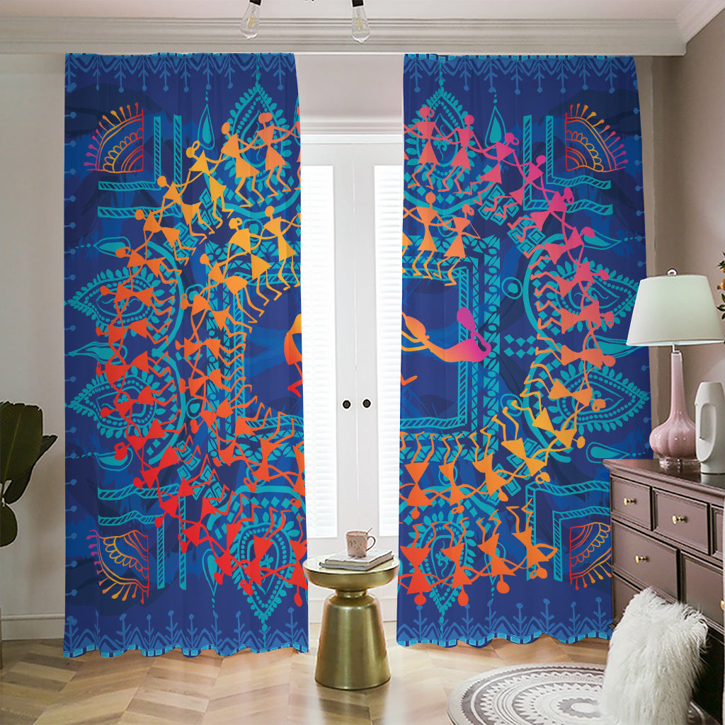 Ancient Indian Warli Tribal Print Blackout Pencil Pleat Curtains