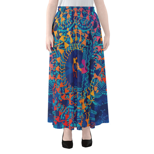 Ancient Indian Warli Tribal Print Chiffon Maxi Skirt