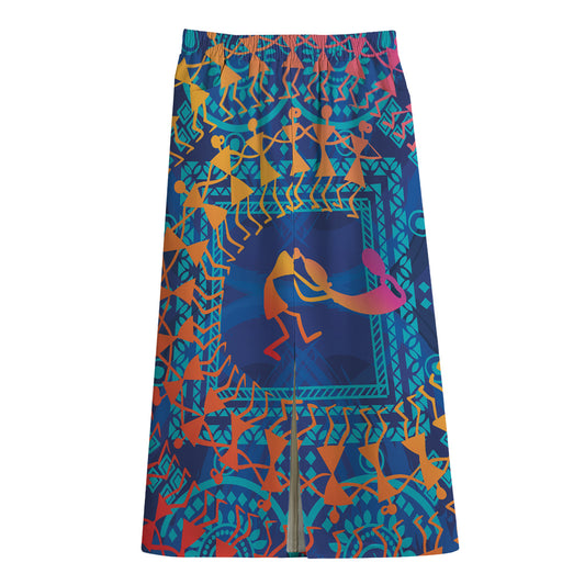 Ancient Indian Warli Tribal Print Cotton Front Slit Maxi Skirt