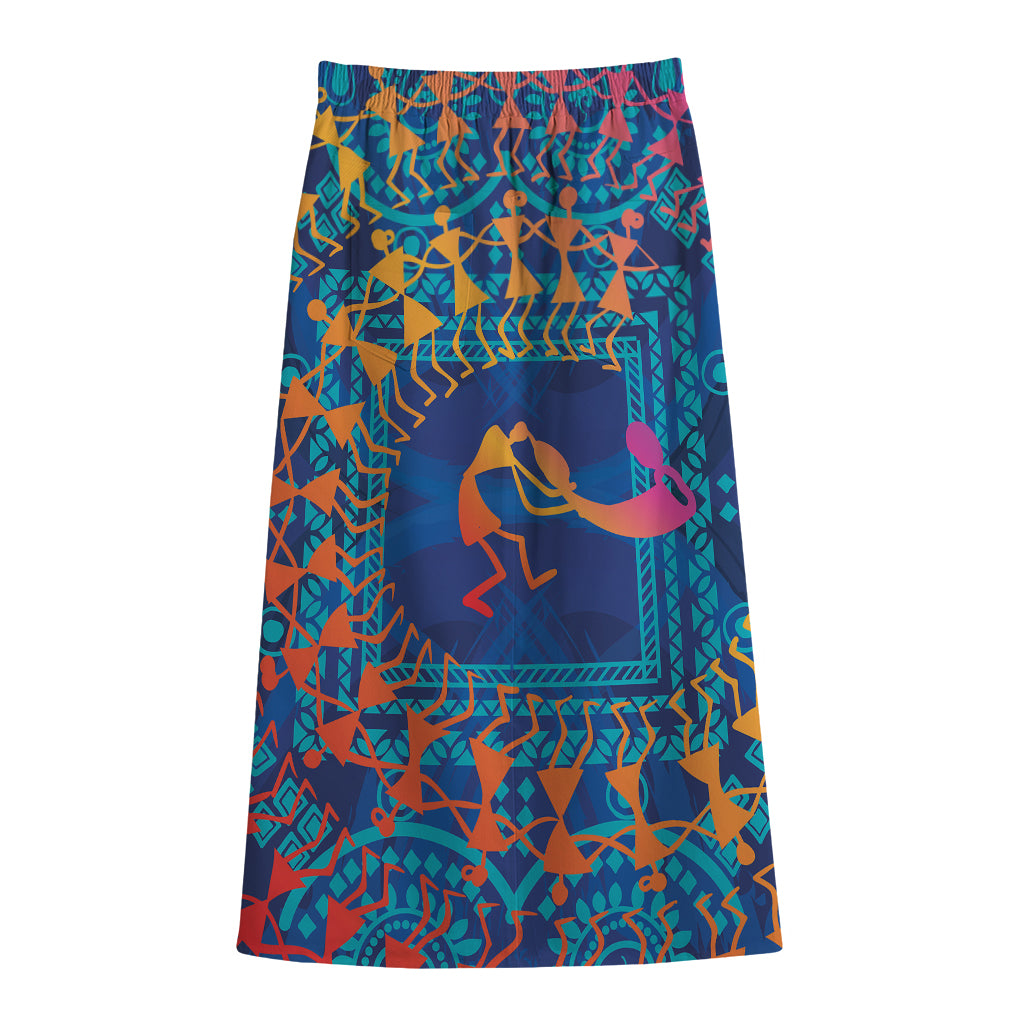 Ancient Indian Warli Tribal Print Cotton Front Slit Maxi Skirt