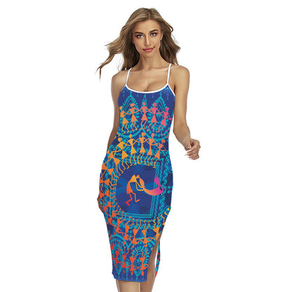 Ancient Indian Warli Tribal Print Cross Back Cami Dress