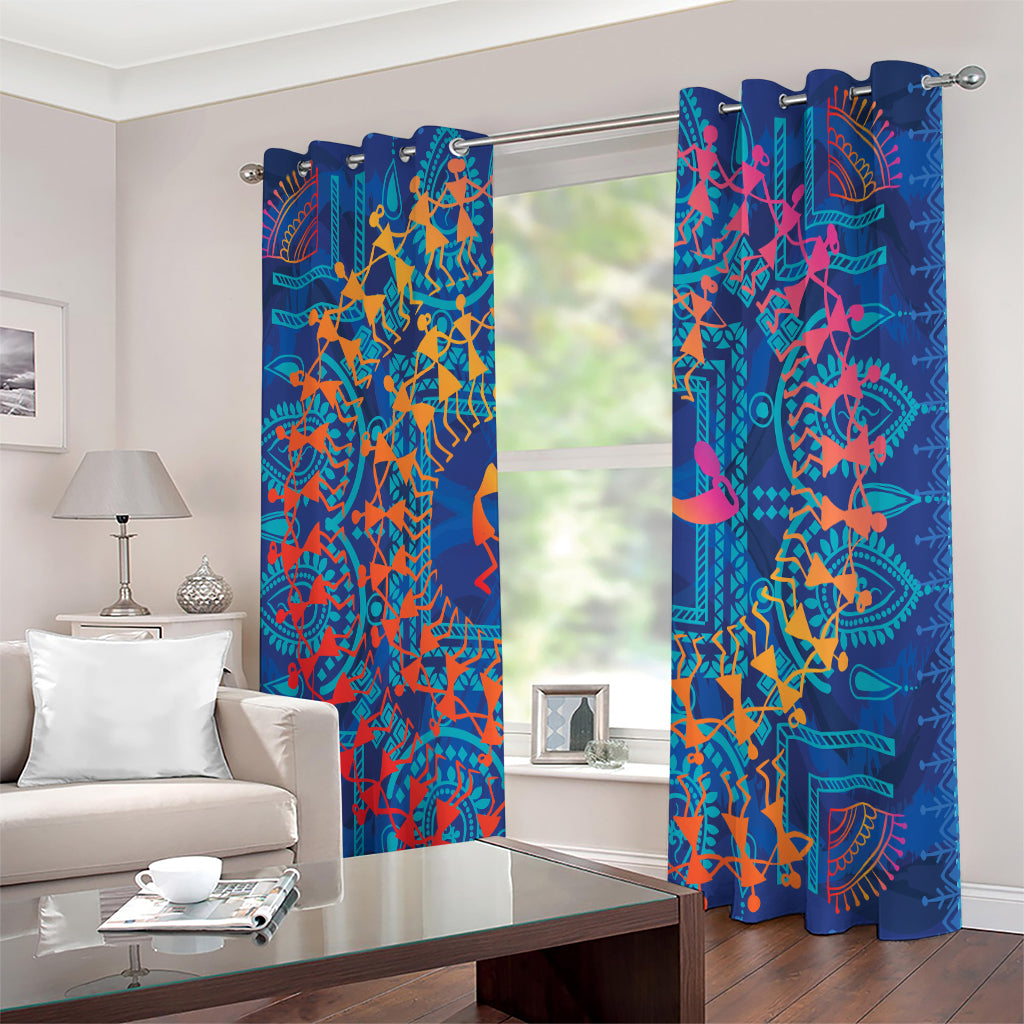 Ancient Indian Warli Tribal Print Extra Wide Grommet Curtains
