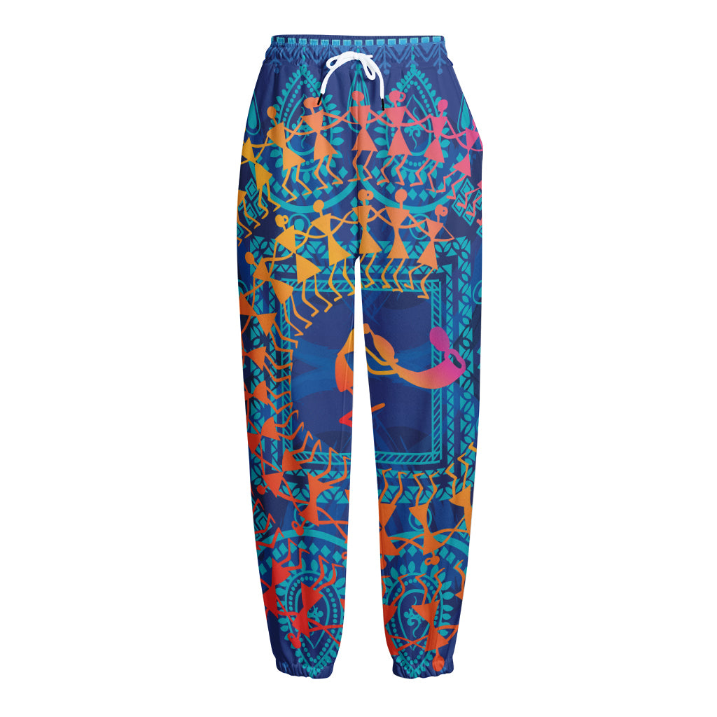 Ancient Indian Warli Tribal Print Fleece Lined Knit Pants