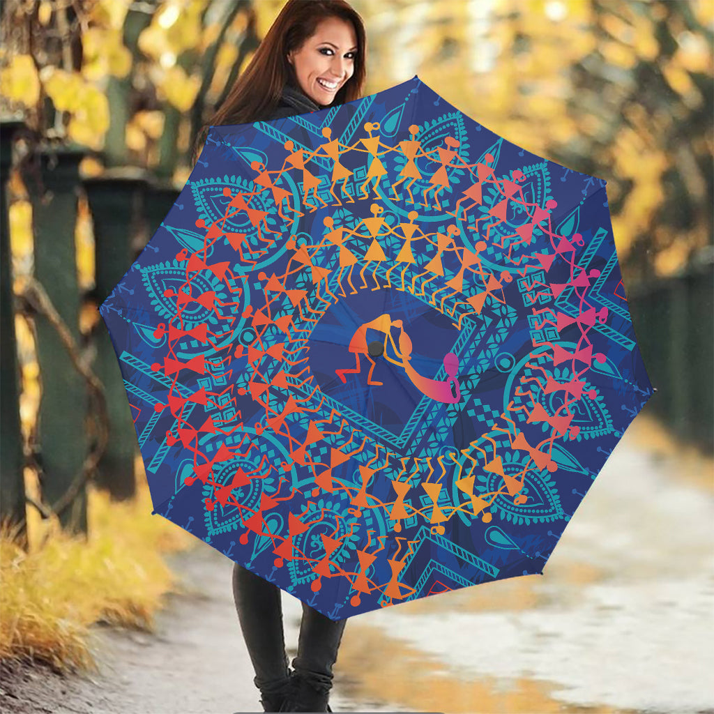 Ancient Indian Warli Tribal Print Foldable Umbrella
