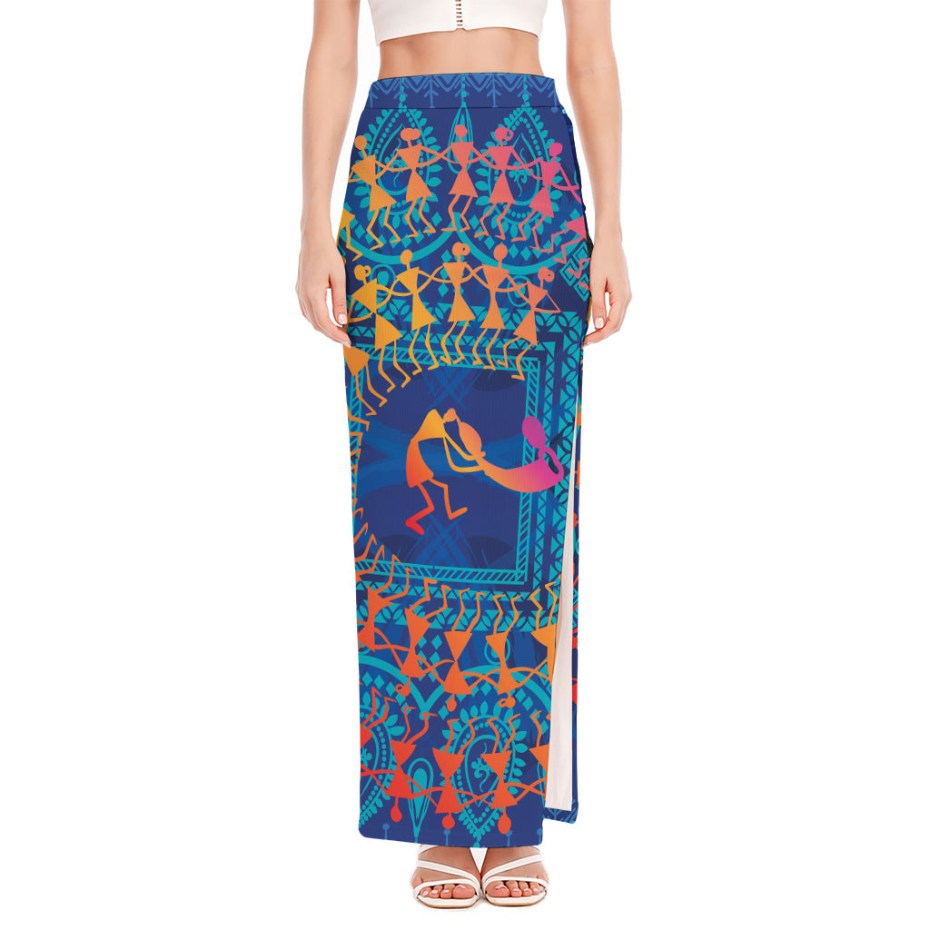 Ancient Indian Warli Tribal Print High Slit Maxi Skirt