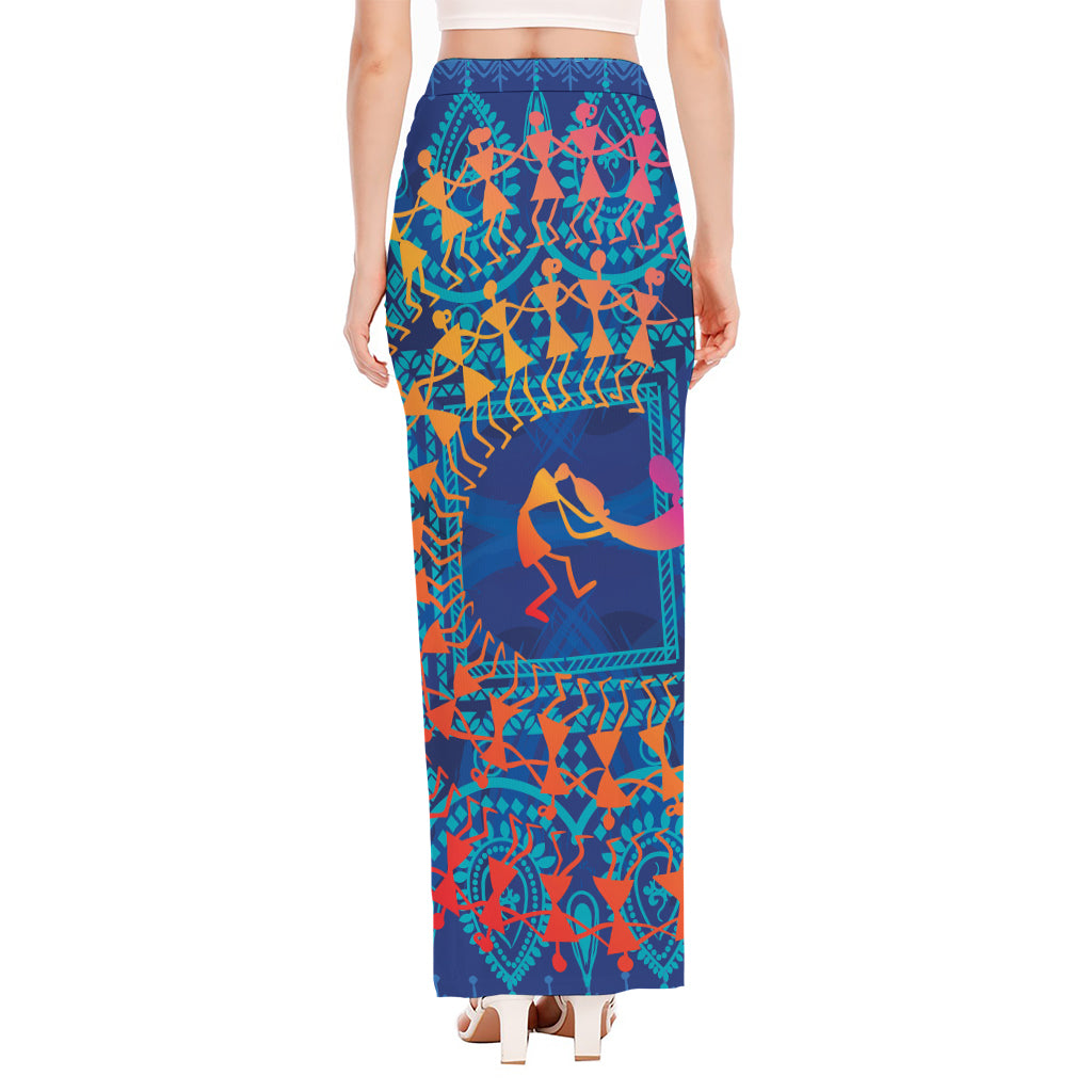 Ancient Indian Warli Tribal Print High Slit Maxi Skirt