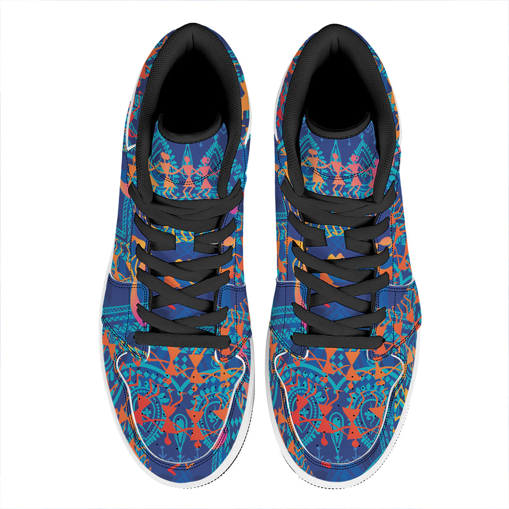 Ancient Indian Warli Tribal Print High Top Leather Sneakers