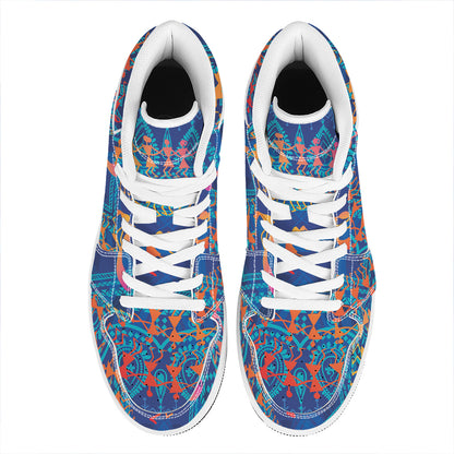 Ancient Indian Warli Tribal Print High Top Leather Sneakers