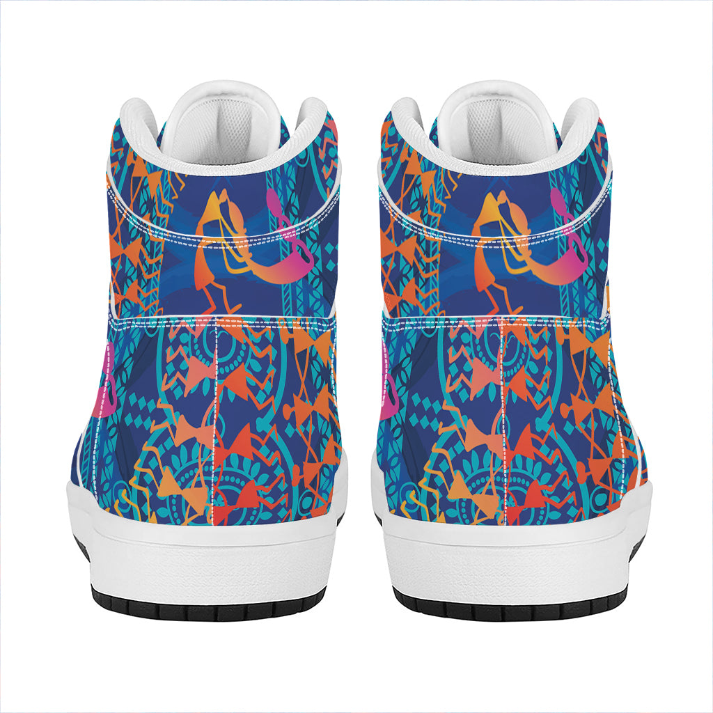 Ancient Indian Warli Tribal Print High Top Leather Sneakers