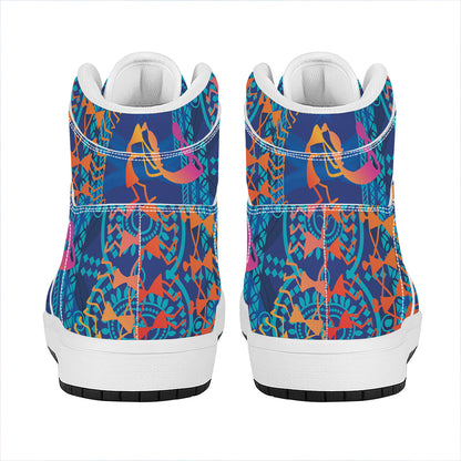 Ancient Indian Warli Tribal Print High Top Leather Sneakers