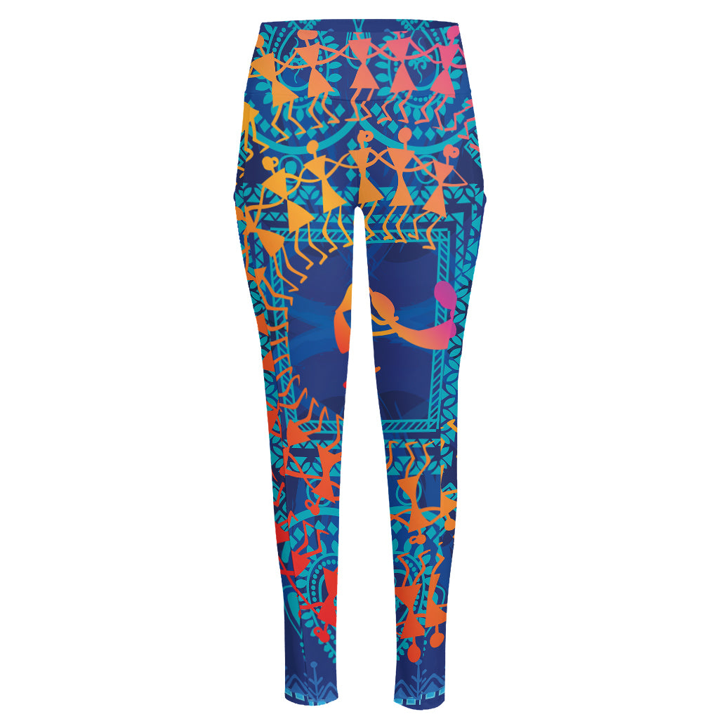 Ancient Indian Warli Tribal Print High-Waisted Pocket Leggings