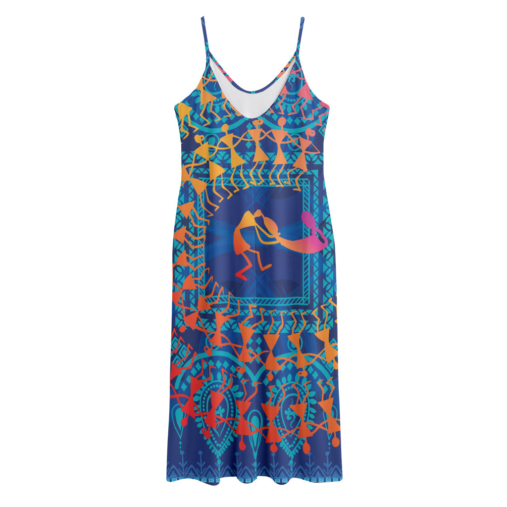 Ancient Indian Warli Tribal Print Jersey Midi Cami Dress