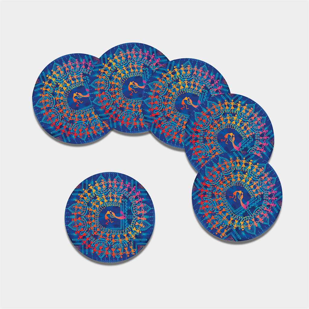 Ancient Indian Warli Tribal Print Leather Coaster Set