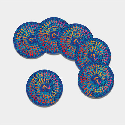 Ancient Indian Warli Tribal Print Leather Coaster Set