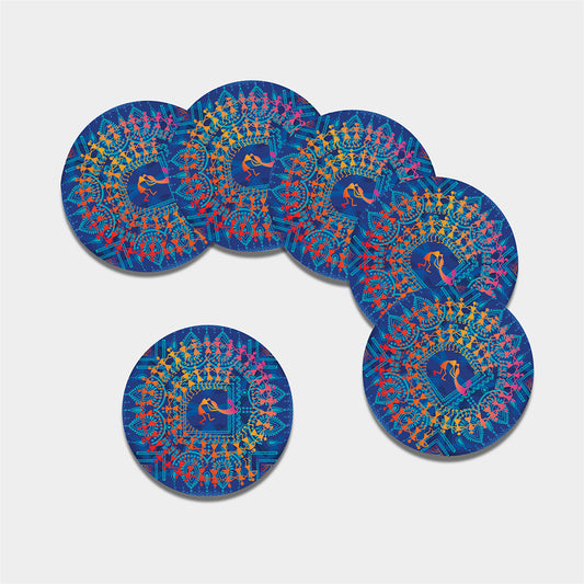 Ancient Indian Warli Tribal Print Leather Coaster Set