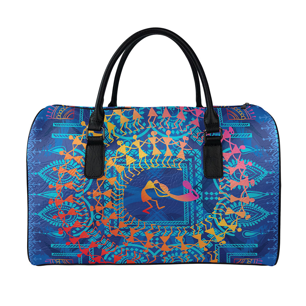 Ancient Indian Warli Tribal Print Leather Duffle Bag