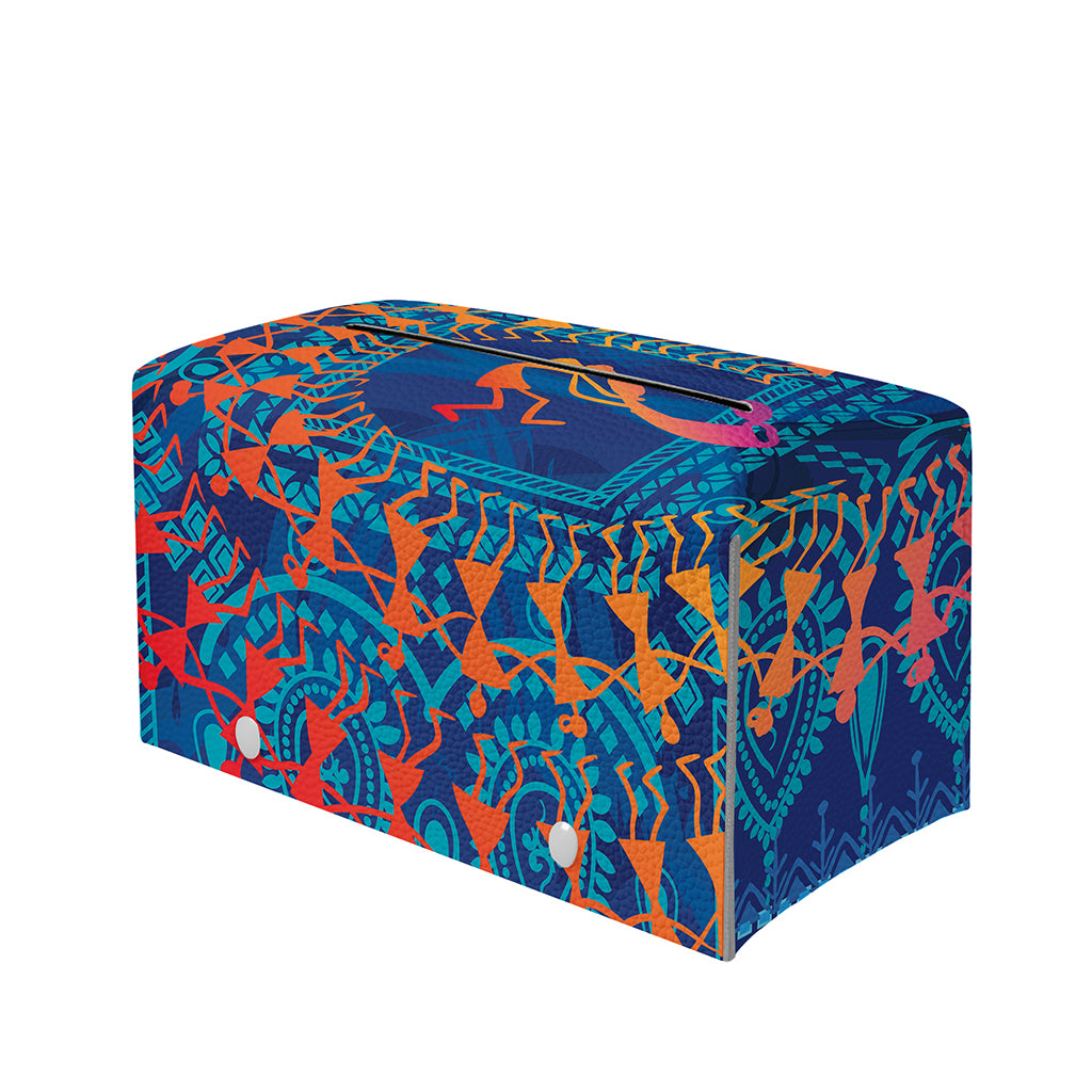 Ancient Indian Warli Tribal Print Leather Tissue Box Cover