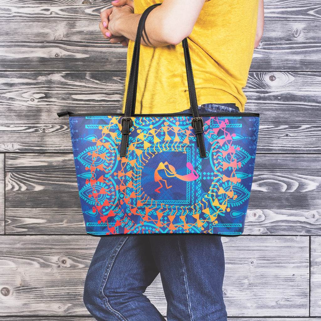 Ancient Indian Warli Tribal Print Leather Tote Bag