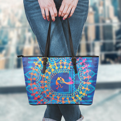 Ancient Indian Warli Tribal Print Leather Tote Bag