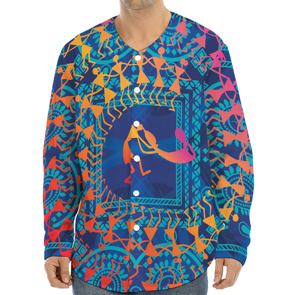 Ancient Indian Warli Tribal Print Long Sleeve Baseball Jersey