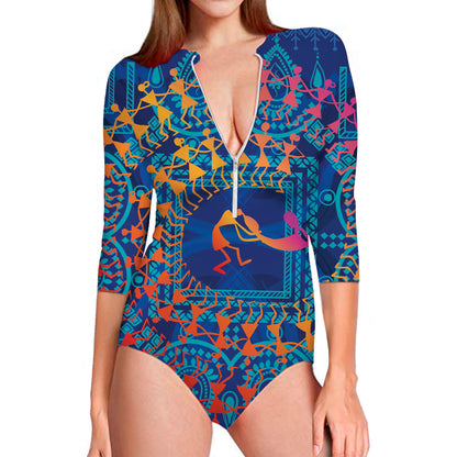 Ancient Indian Warli Tribal Print Long Sleeve Swimsuit