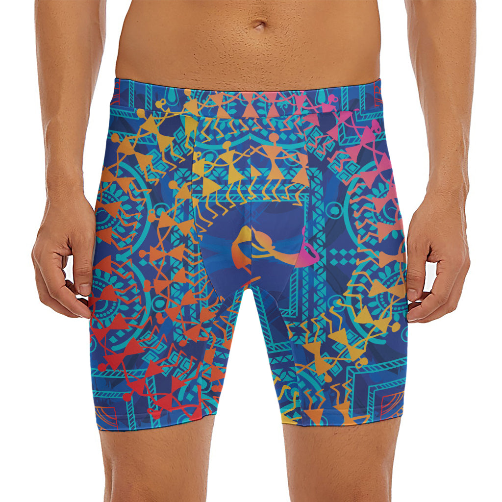 Ancient Indian Warli Tribal Print Men's Long Boxer Briefs