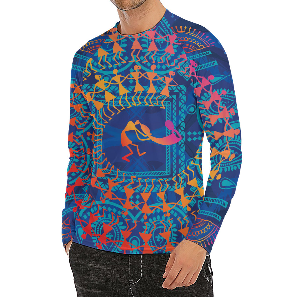 Ancient Indian Warli Tribal Print Men's Long Sleeve Rash Guard