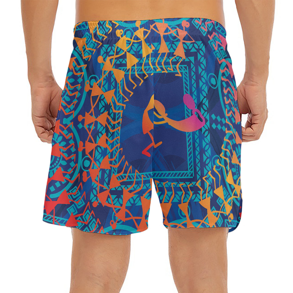 Ancient Indian Warli Tribal Print Men's Split Running Shorts