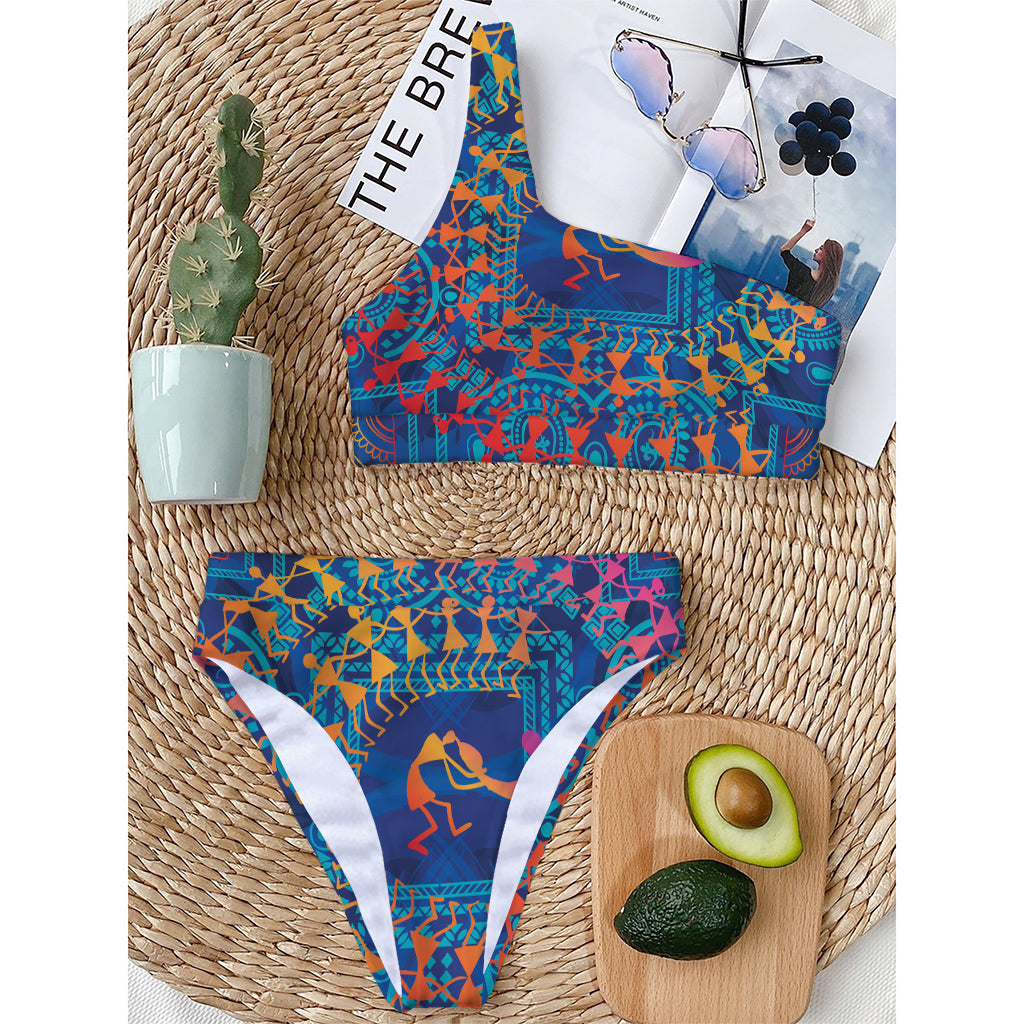 Ancient Indian Warli Tribal Print One Shoulder Bikini Top