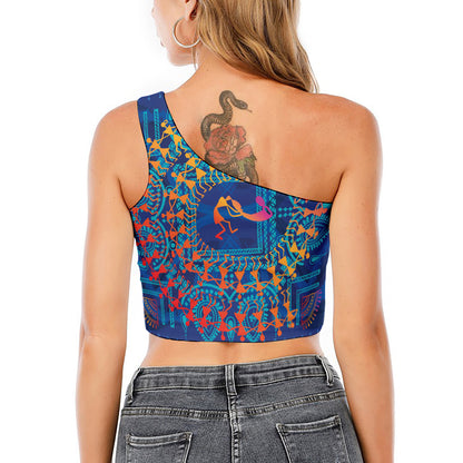 Ancient Indian Warli Tribal Print One Shoulder Crop Top