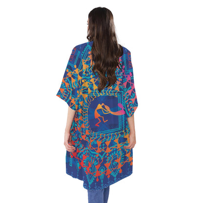 Ancient Indian Warli Tribal Print Open Front Beach Cover Up