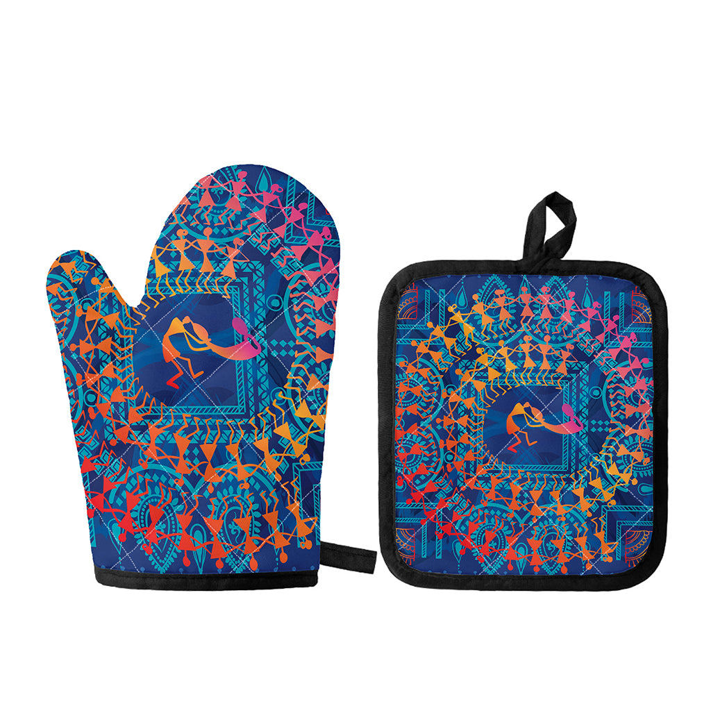 Ancient Indian Warli Tribal Print Oven Mitt And Pot Holder Set