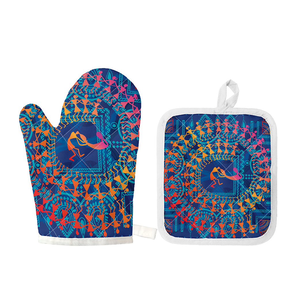 Ancient Indian Warli Tribal Print Oven Mitt And Pot Holder Set