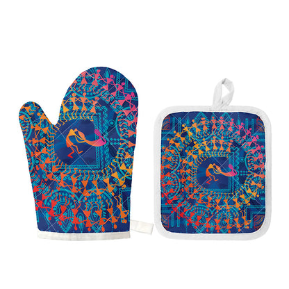 Ancient Indian Warli Tribal Print Oven Mitt And Pot Holder Set