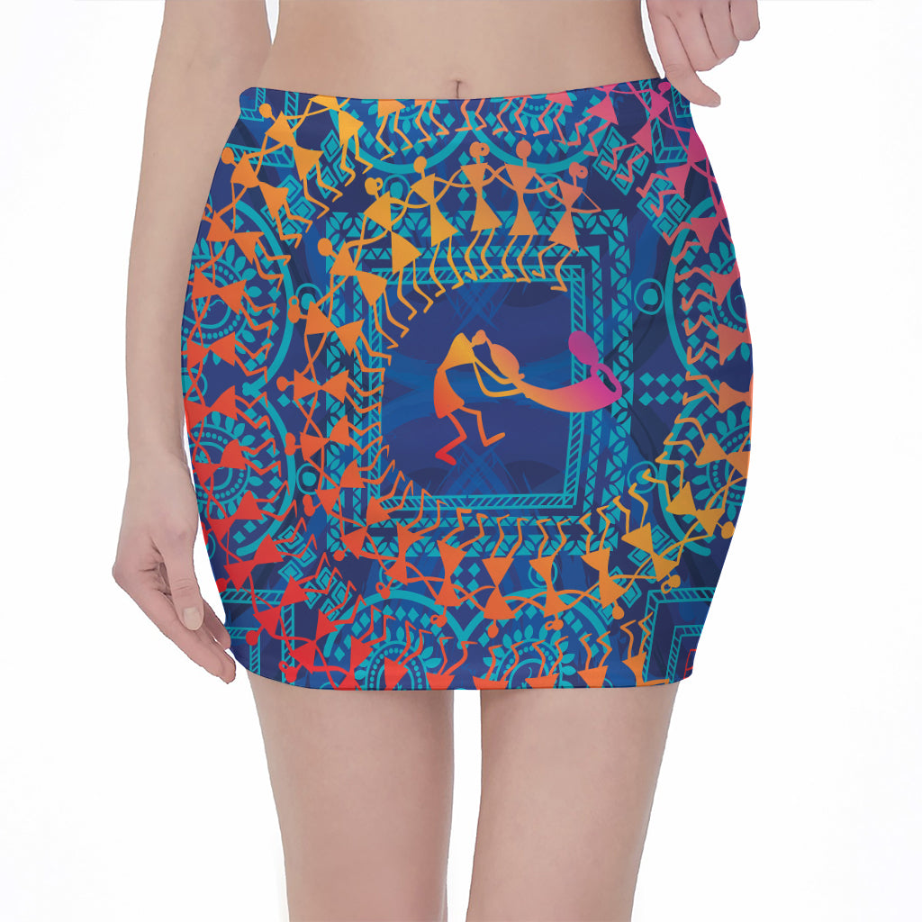 Ancient Indian Warli Tribal Print Pencil Mini Skirt
