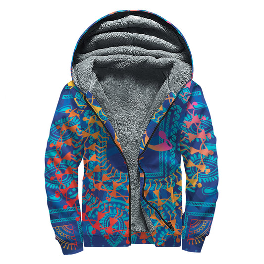 Ancient Indian Warli Tribal Print Sherpa Lined Zip Up Hoodie