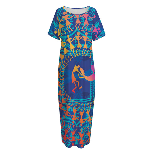 Ancient Indian Warli Tribal Print Short Sleeve Long Nightdress