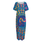 Ancient Indian Warli Tribal Print Short Sleeve Long Nightdress
