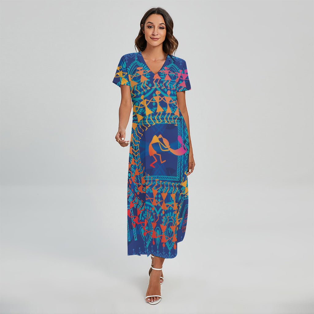 Ancient Indian Warli Tribal Print Short Sleeve Maxi Dress