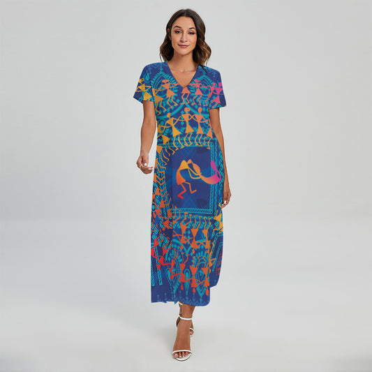 Ancient Indian Warli Tribal Print Short Sleeve Maxi Dress