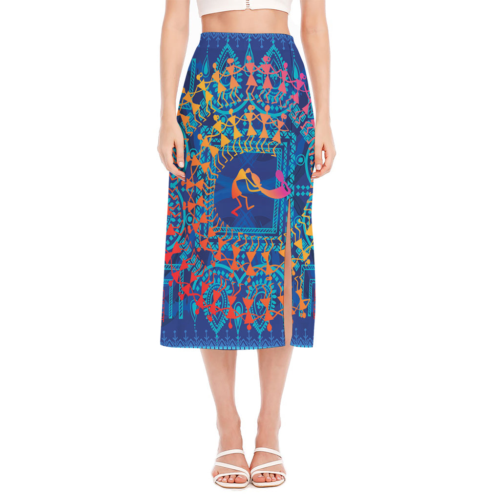 Ancient Indian Warli Tribal Print Side Slit Midi Skirt