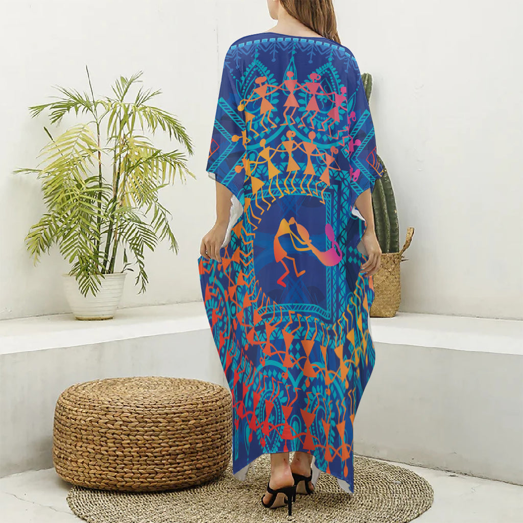Ancient Indian Warli Tribal Print Silk V-Neck Kaftan Dress