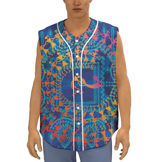 Ancient Indian Warli Tribal Print Sleeveless Baseball Jersey